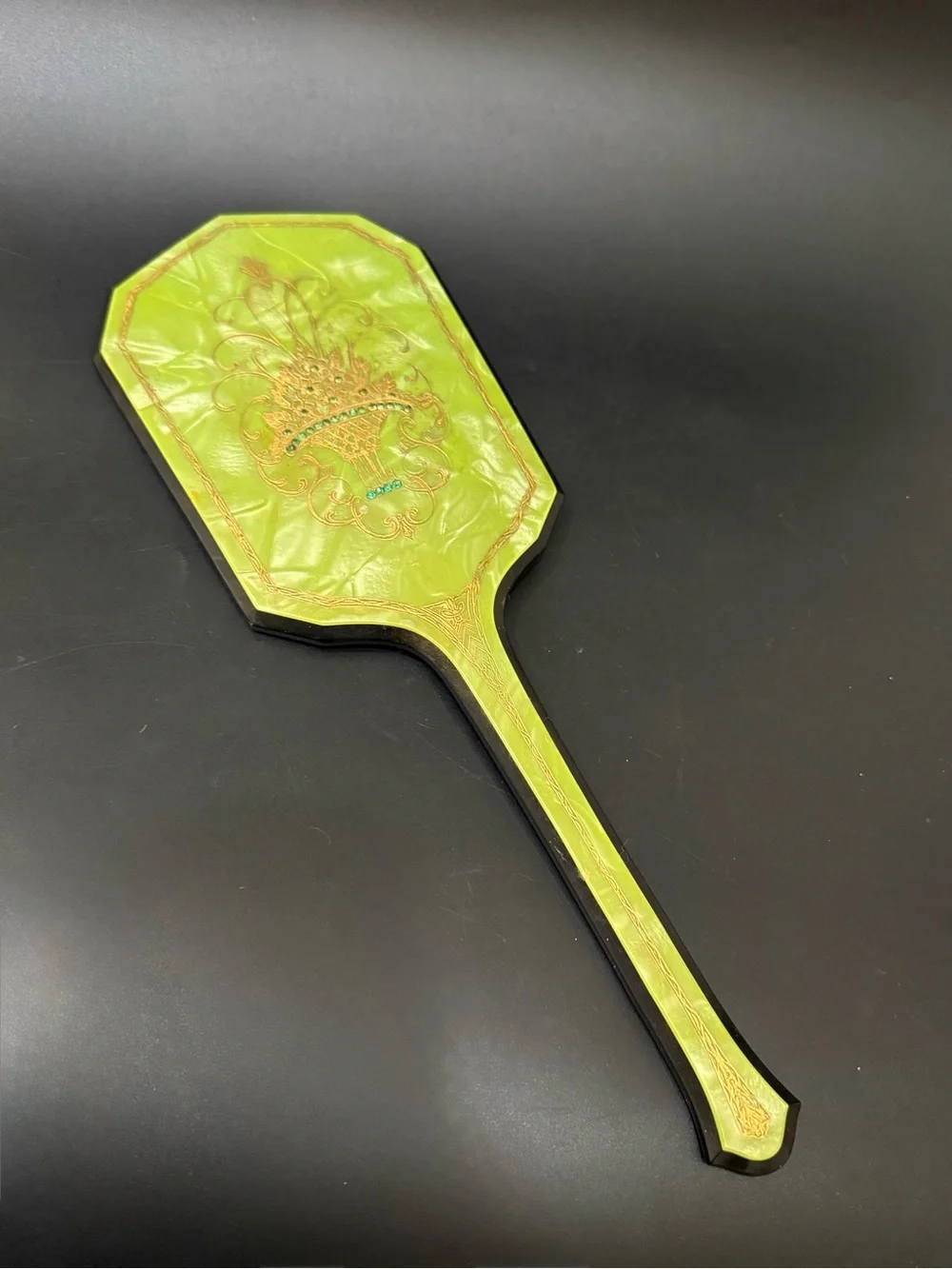 Vintage Art Deco Pearlized Lime Green Celluloid or Lucite Hand Held Mirror